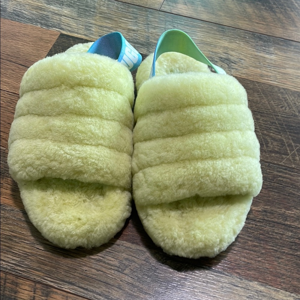 UGG Fluff Yeah Yellow Slides with Blue and Green Strap